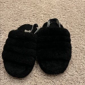 UGG Black Fuzzy Slide Slippers - Kids Cozy Fur Slides - Size 13